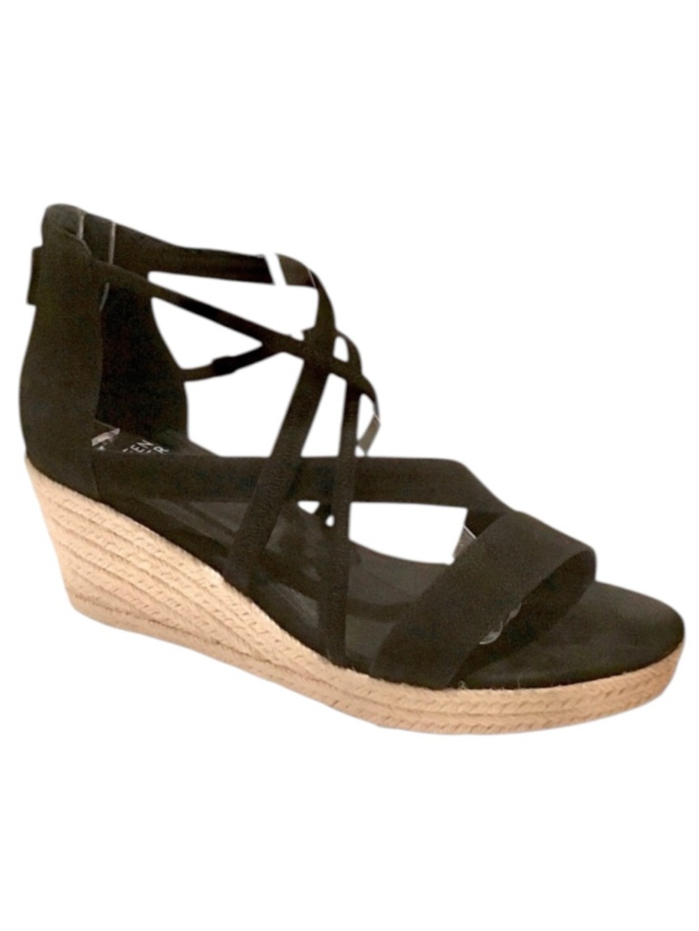 Eileen Fisher WANDA Espadrille Wedge Sandal Black Leather Elastic Straps Sz 8.5
